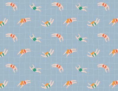 Little swimmers on a checkered blue background patterned wallpaper