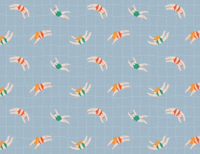 Little swimmers on a checkered blue background patterned wallpaper