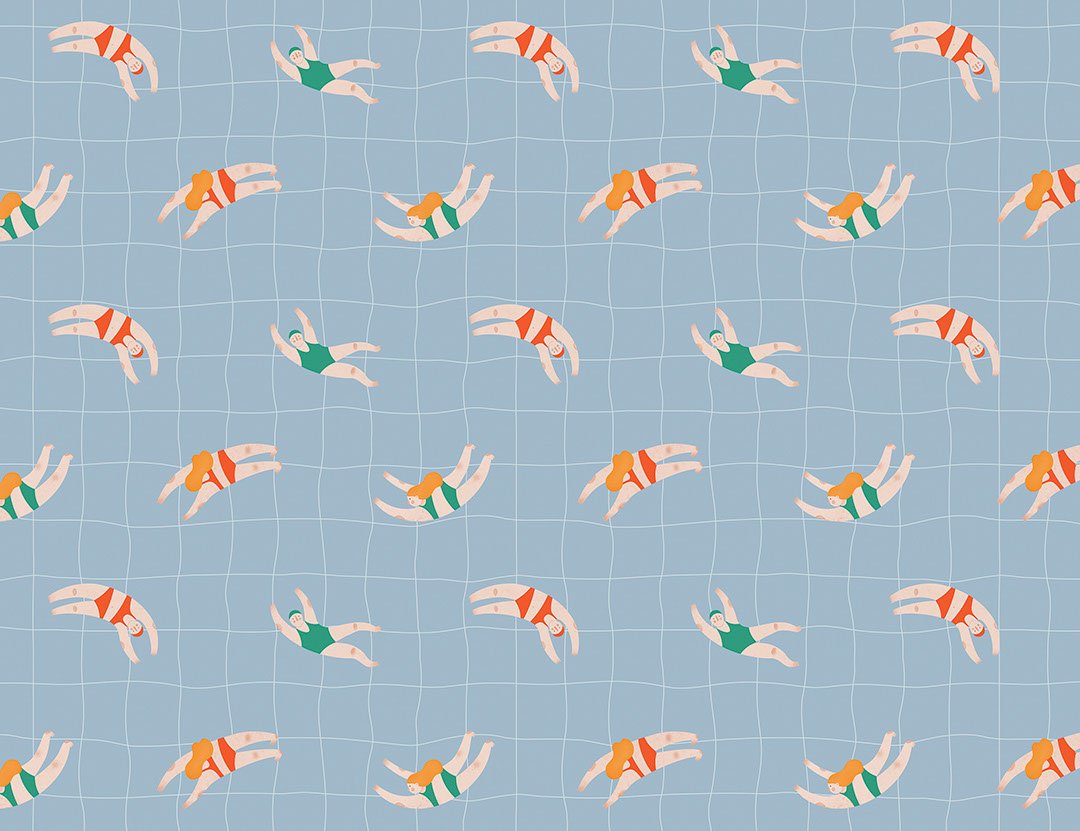 Little swimmers on a checkered blue background patterned wallpaper