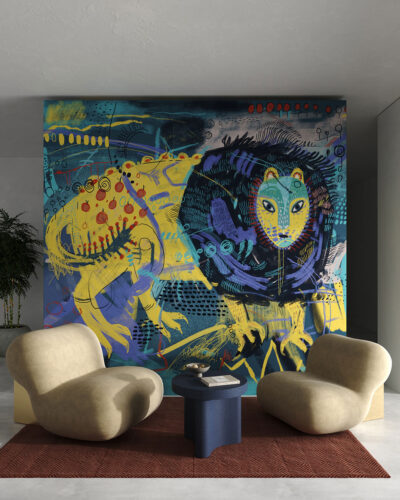 Maria Prymachenko inspired mythical creature wall mural for the living room