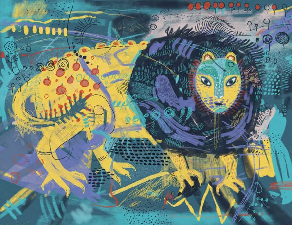 Maria Prymachenko inspired mythical creature modern wall mural