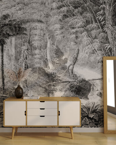 Vintage forest with sun rays and palm trees wall mural for the living room