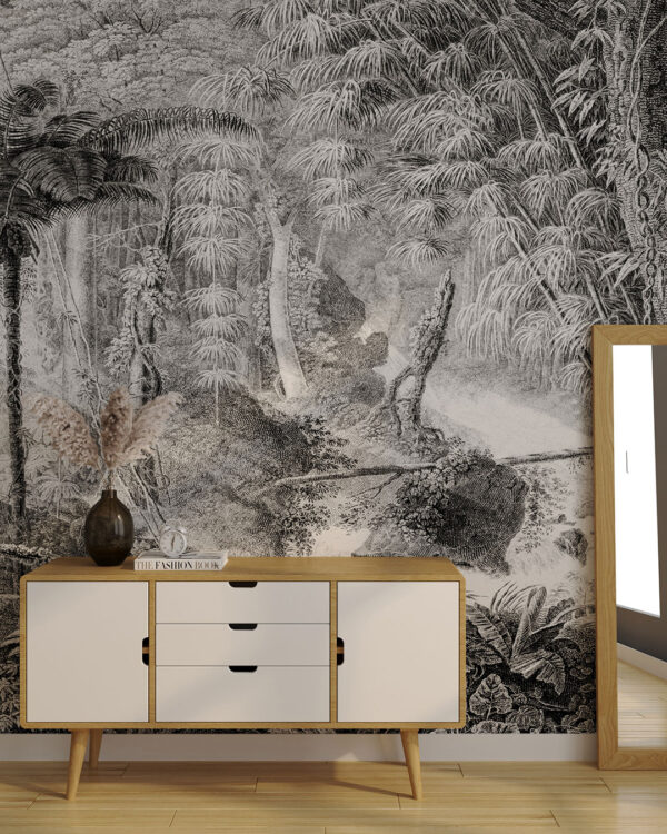 Vintage forest with sun rays and palm trees wall mural for the living room