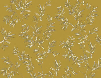 Designer wall mural with olive tree branches on the mustard background