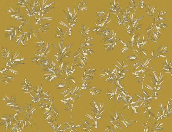 Delicate olive tree branches on the mustard background wall mural