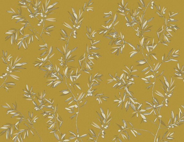 Designer wall mural with olive tree branches on the mustard background