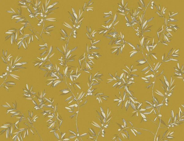 Designer wall mural with olive tree branches on the mustard background