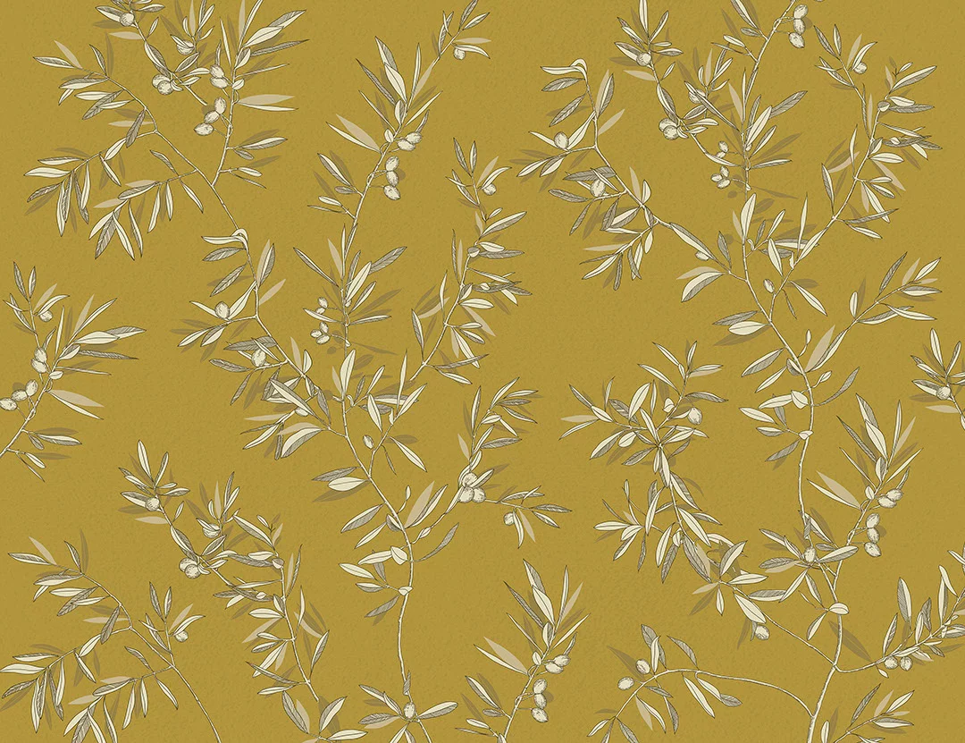 Designer wall mural with olive tree branches on the mustard background