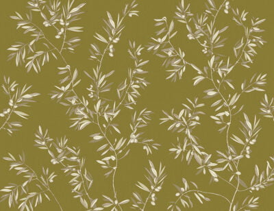 Designer wall mural with olive tree branches on the khaki background