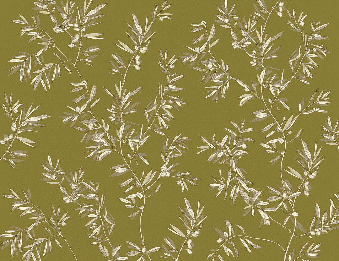 Designer wall mural with olive tree branches on the khaki background