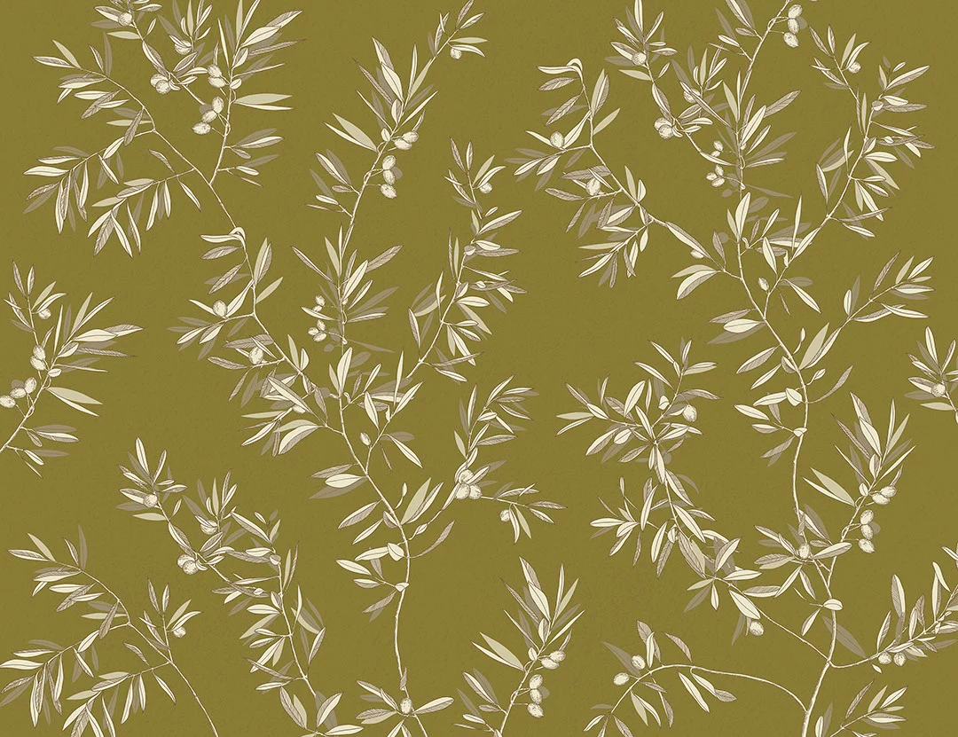 Designer wall mural with olive tree branches on the khaki background