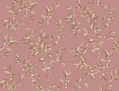 Designer wall mural with olive tree branches on the pink background