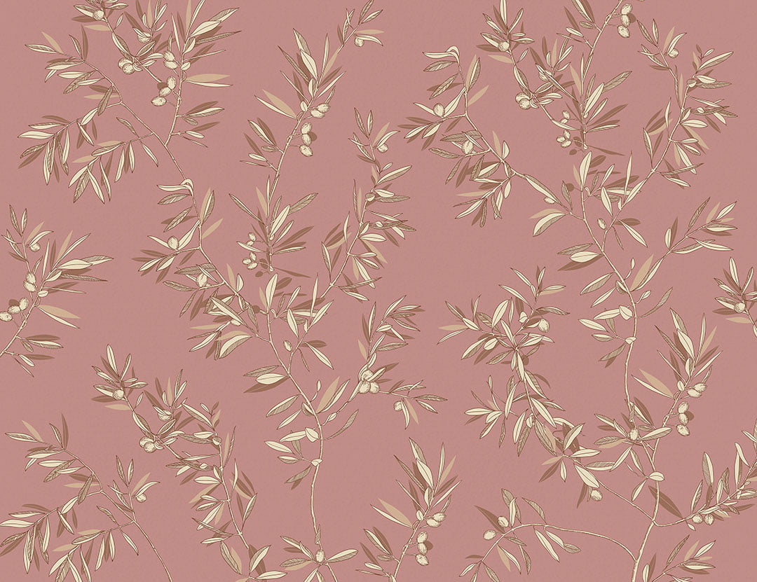 Designer wall mural with olive tree branches on the pink background