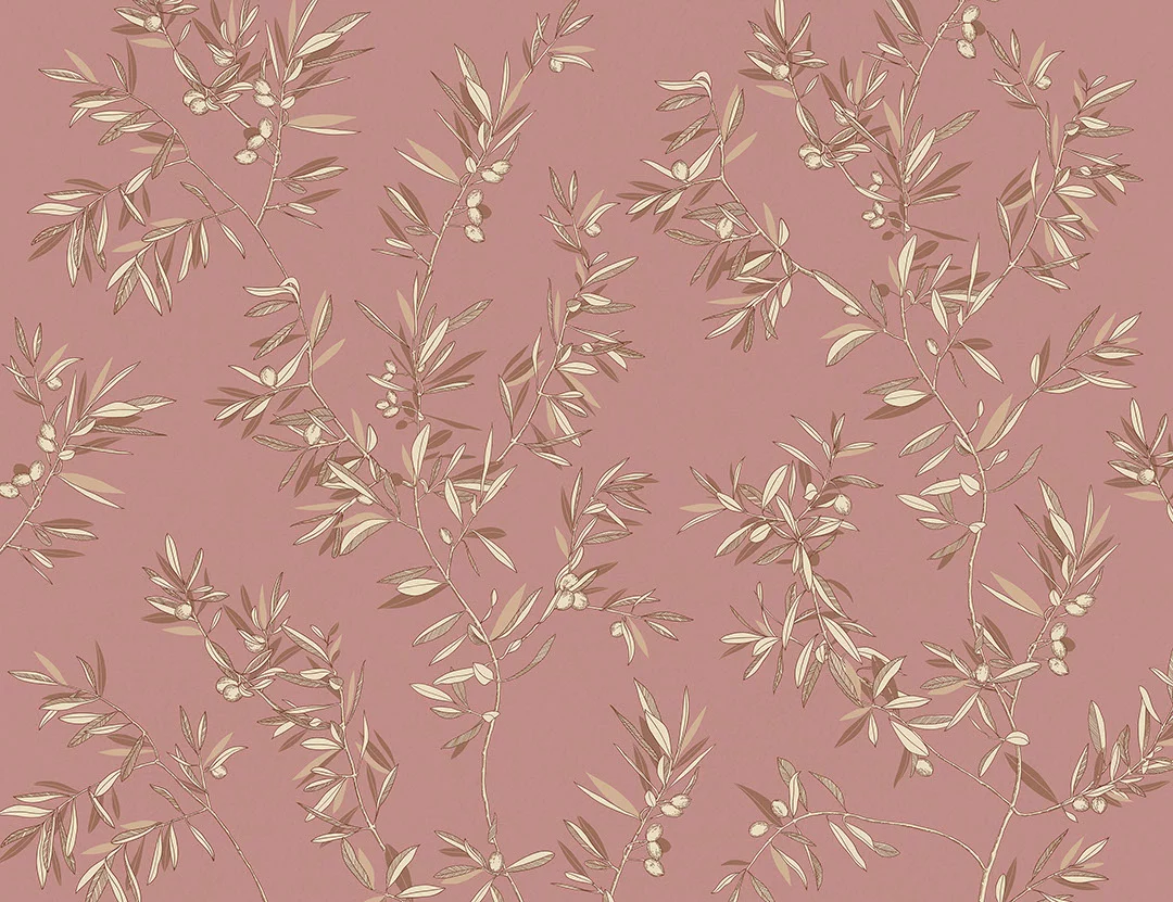 Designer wall mural with olive tree branches on the pink background