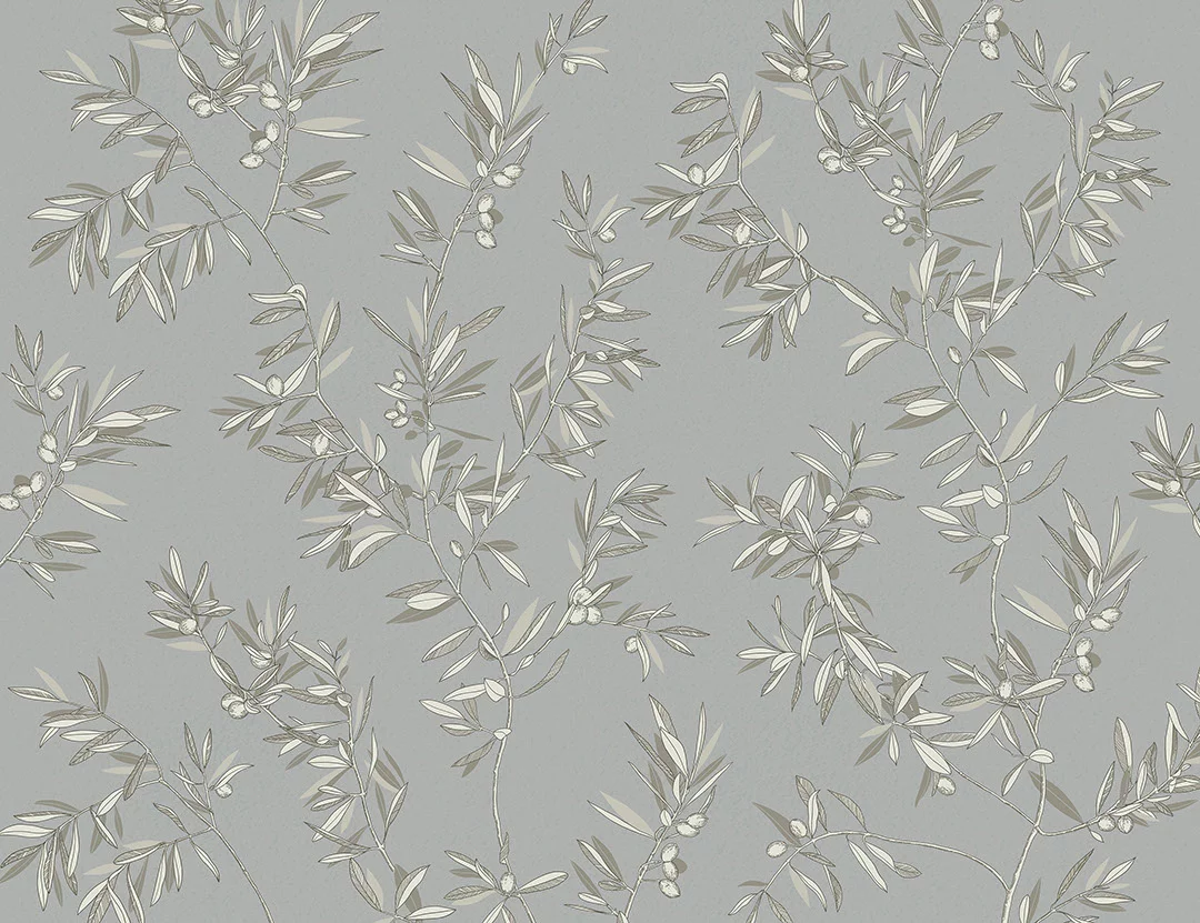 Designer wall mural with olive tree branches on the gray background