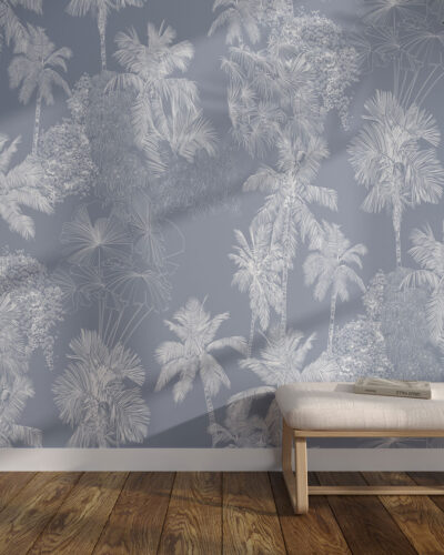White delicate tropical leaves wall mural for the living room