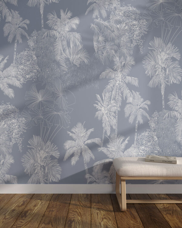 White delicate tropical leaves wall mural for the living room