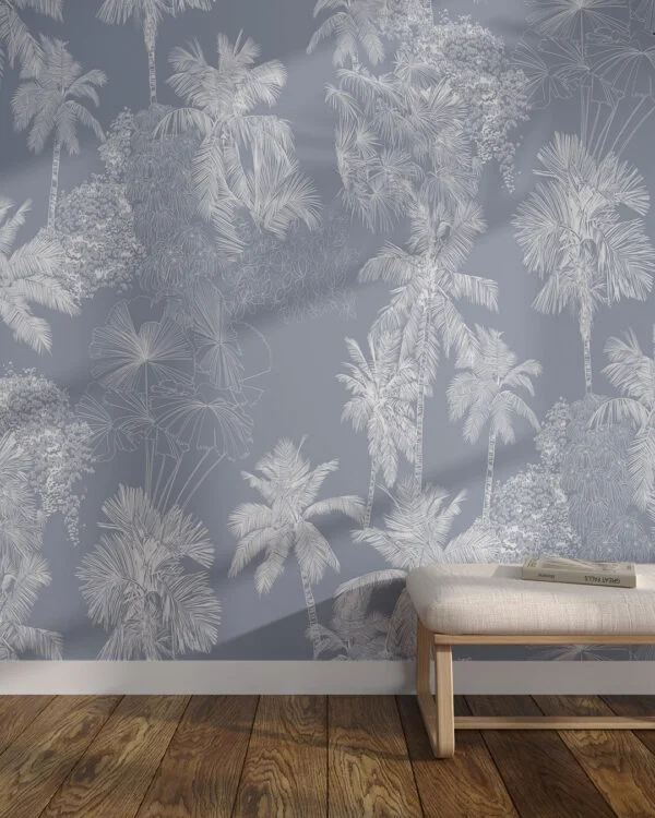 White delicate tropical leaves wall mural for the living room