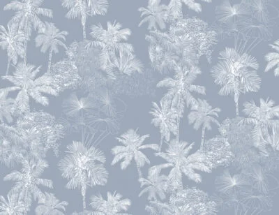 White delicate tropical leaves wall mural on the blue background