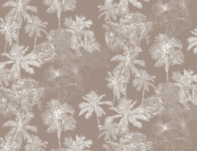 White delicate tropical leaves wall mural on the brown background