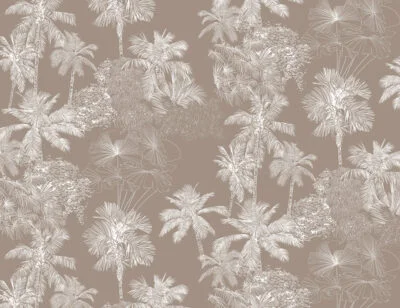 White delicate tropical leaves wall mural on the brown background