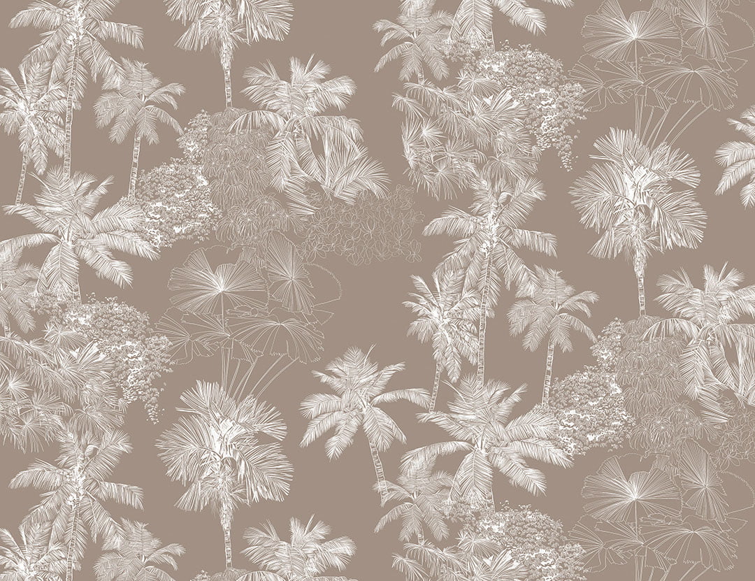 White delicate tropical leaves wall mural on the brown background