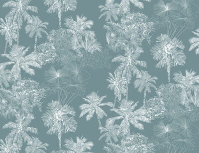 White delicate tropical leaves wall mural on the gray-blue background