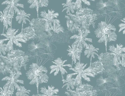 White delicate tropical leaves wall mural on the gray-blue background