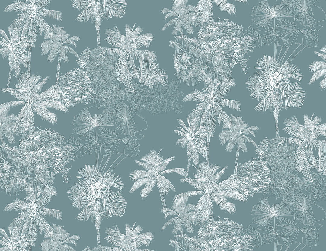 White delicate tropical leaves wall mural on the gray-blue background