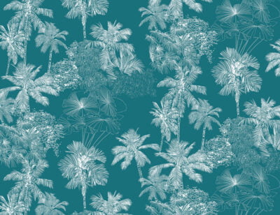 White delicate tropical leaves wall mural on the azure background