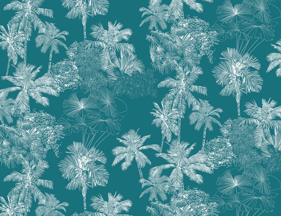 White delicate tropical leaves wall mural on the azure background