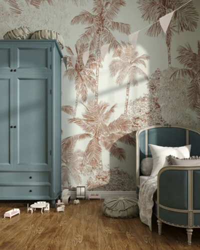 Illustrated delicate tropical leaves wall mural for a children's room