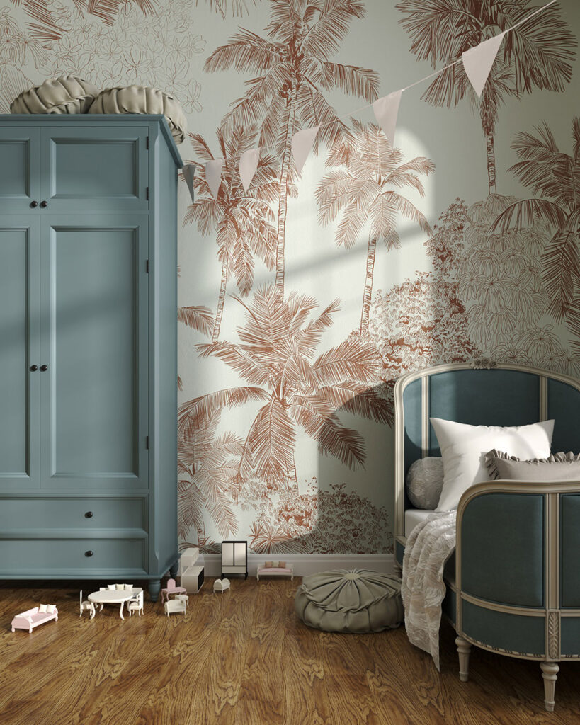 Illustrated delicate tropical leaves wall mural for a children's room