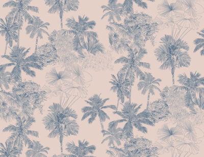 Illustrated delicate blue tropical wall mural on pink background