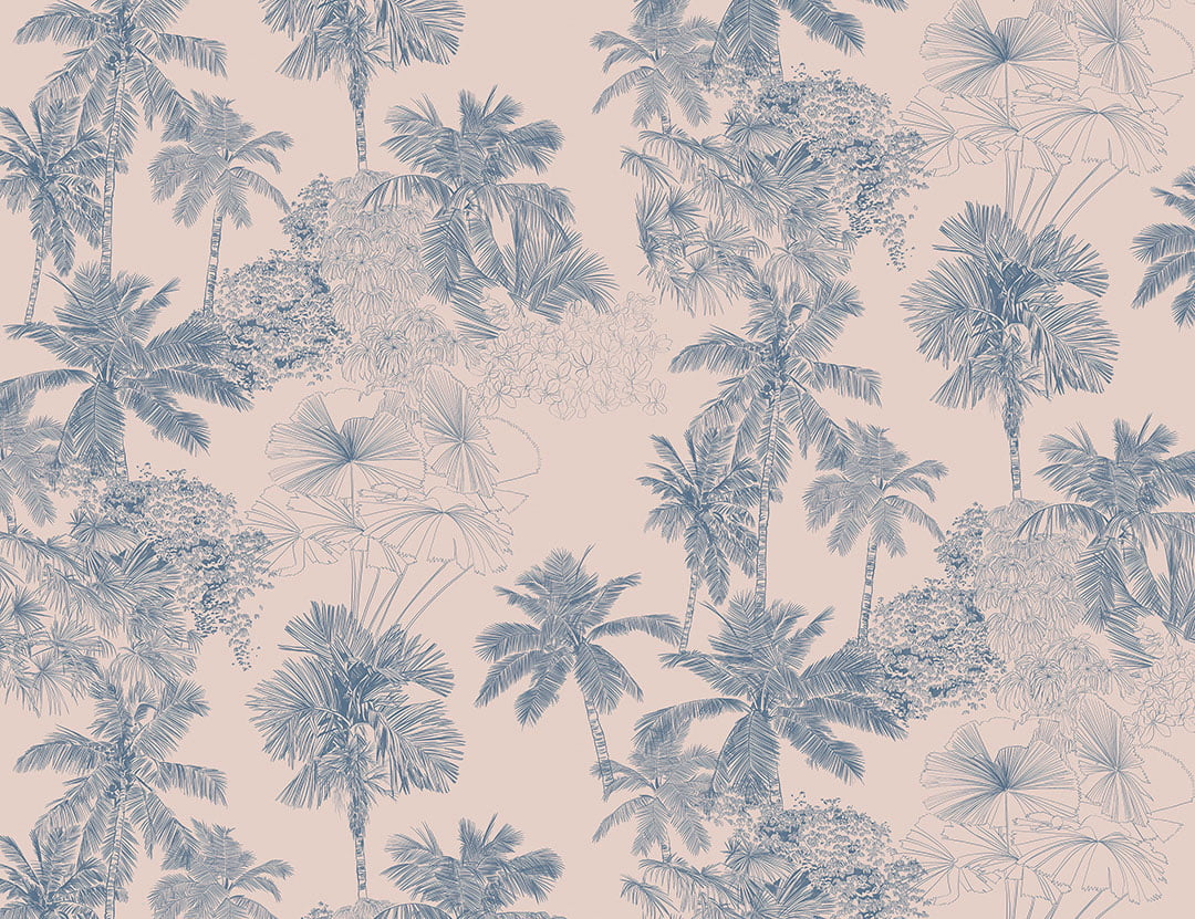 Illustrated delicate blue tropical wall mural on pink background
