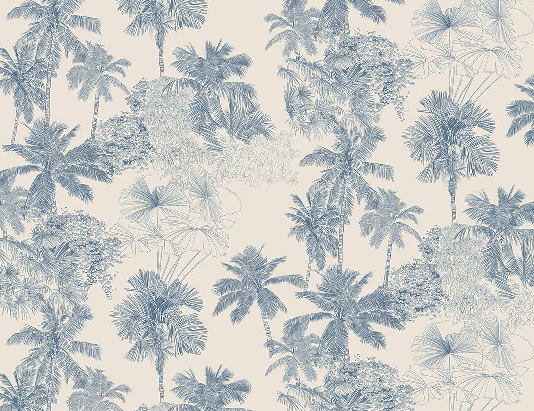 Illustrated delicate blue tropical leaves wall mural