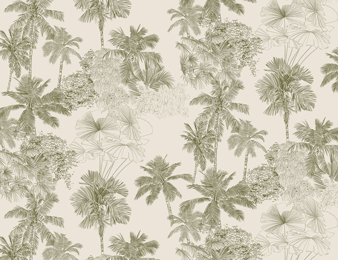 Illustrated delicate green tropical leaves wall mural