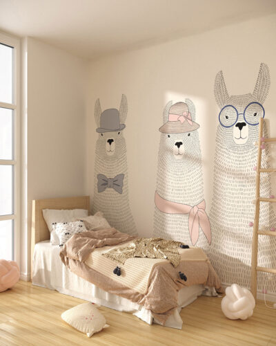 Minimalistic illustrated llamas in hats and glasses wall mural for a children's room