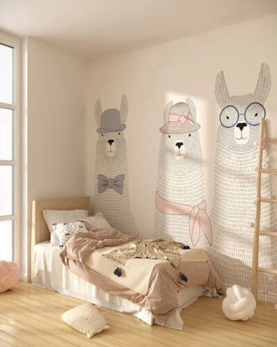 Minimalistic illustrated llamas in hats and glasses wall mural for a children's room