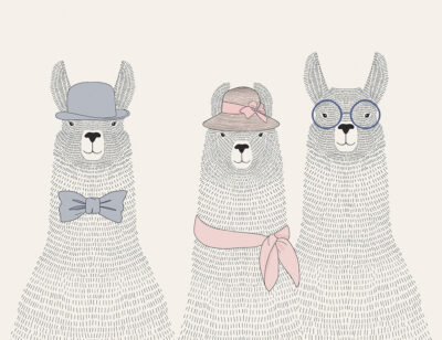 Minimalistic illustrated llamas in hats and glasses wall mural