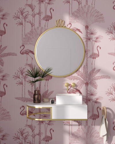 Illustrated tropical palm trees and flamingo patterned wallpaper for the bathroom