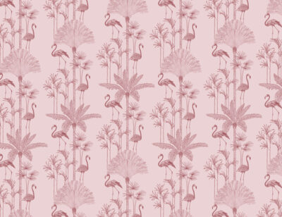 Illustrated tropical palm trees and flamingo pink patterned wallpaper