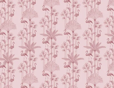 Patterned tropical wallpaper with illustrated palm trees and flamingo in pink tones