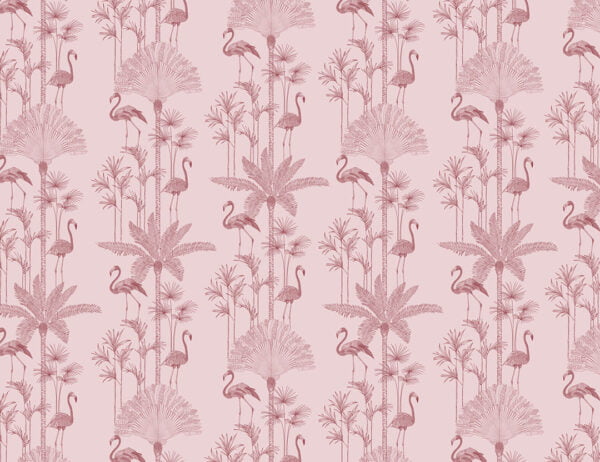 Illustrated tropical palm trees and flamingo pink patterned wallpaper