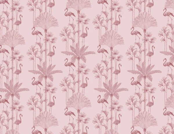 Patterned tropical wallpaper with illustrated palm trees and flamingo in pink tones