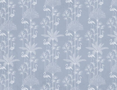 Patterned tropical wallpaper with illustrated palm trees and flamingo in blue tones
