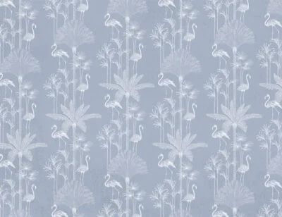 Patterned tropical wallpaper with illustrated palm trees and flamingo in blue tones