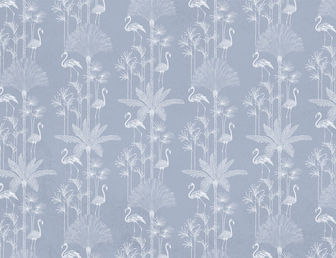Patterned tropical wallpaper with illustrated palm trees and flamingo in blue tones