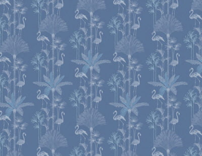 Patterned tropical wallpaper with illustrated palm trees and flamingo in navy blue tones