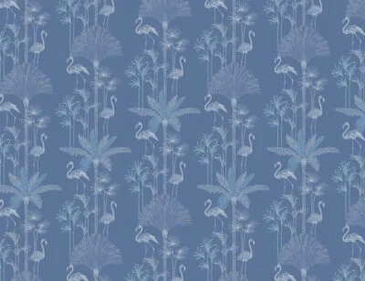 Patterned tropical wallpaper with illustrated palm trees and flamingo in navy blue tones